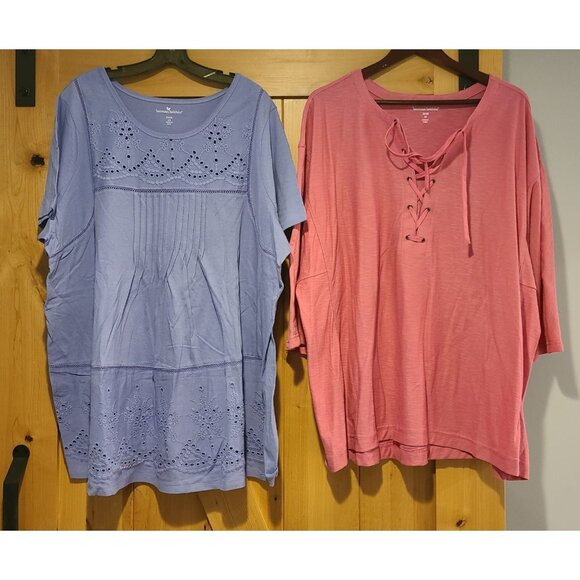 New? Lot of 2 Plus Size 26/28 Woman Within Stretch Shirt Short Sleeve Eyelet Tie - Picture 1 of 14